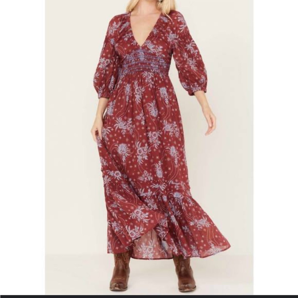 Free People Burgundy Floral Long Sleeve Dress